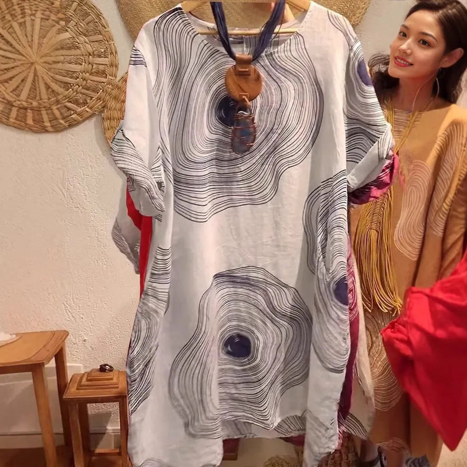 Women's round neck abstract printing sleeve dress with A-line skirt in red, polyester fabric