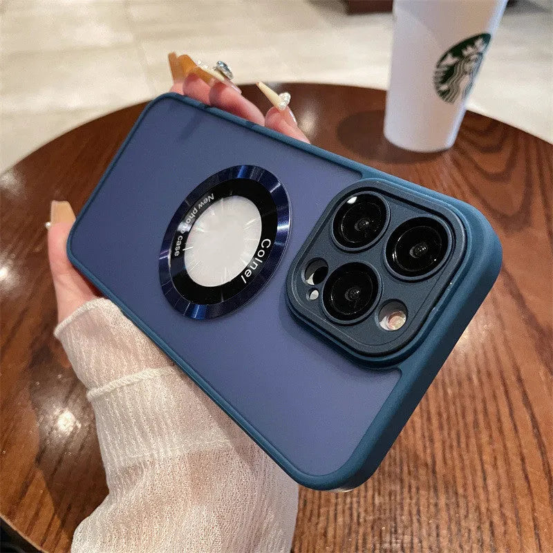 Frosted blue magnetic shockproof phone case for Apple iPhone 15 Pro Max shown on a table.