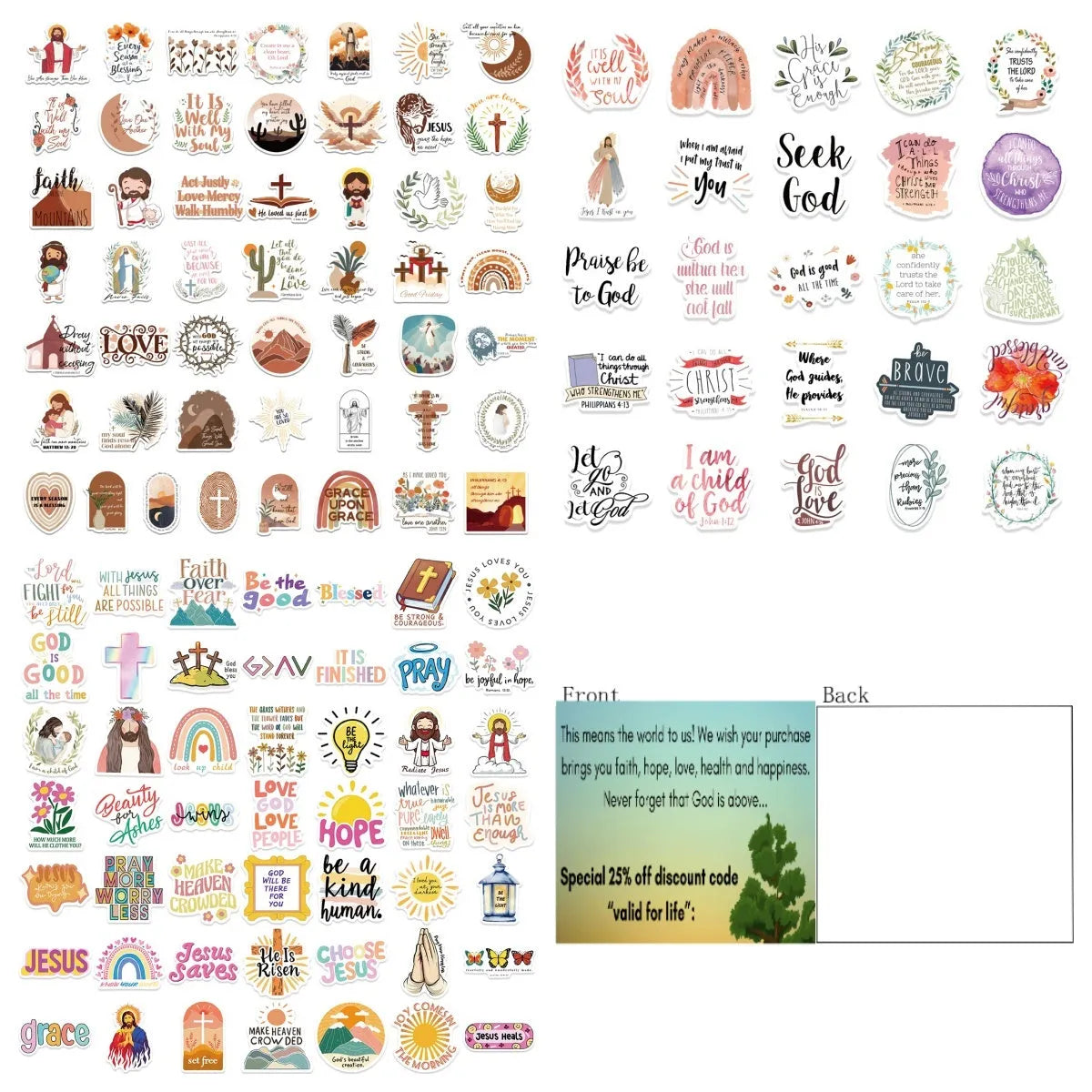 Assortment of 50 colourful printed graffiti-style vinyl stickers for personalising laptops and skateboards.