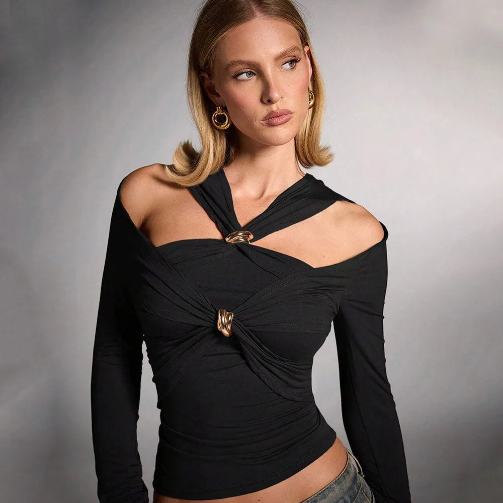 Black women's halter top with long sleeves and slim fit, showing shoulder-baring design