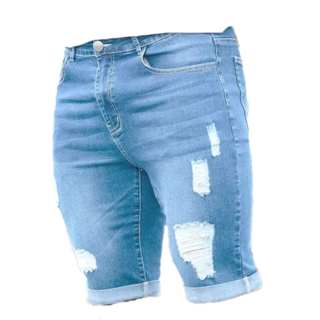 Sky blue denim shorts for men with multi-hole design and low waist straight cut