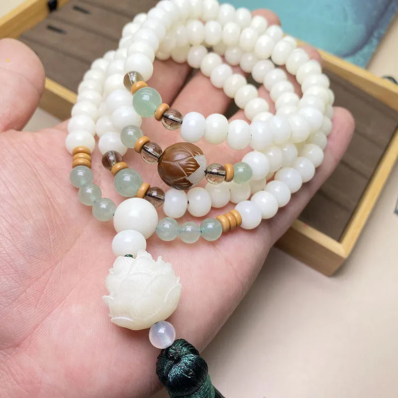 White Jade Bodhi bracelet with 108 beads showing three different style pattern options