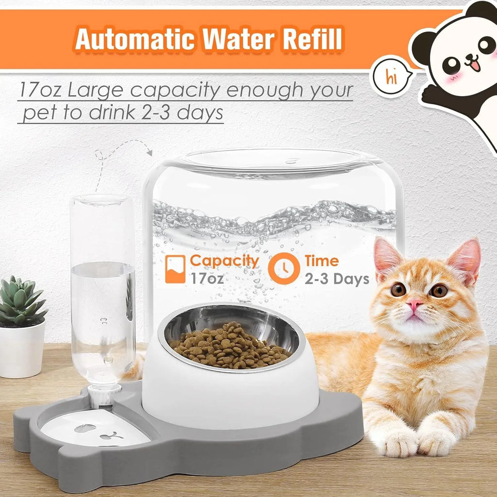 Grey panda-shaped pet feeder with tilted stainless steel bowls and a green automatic water bottle.