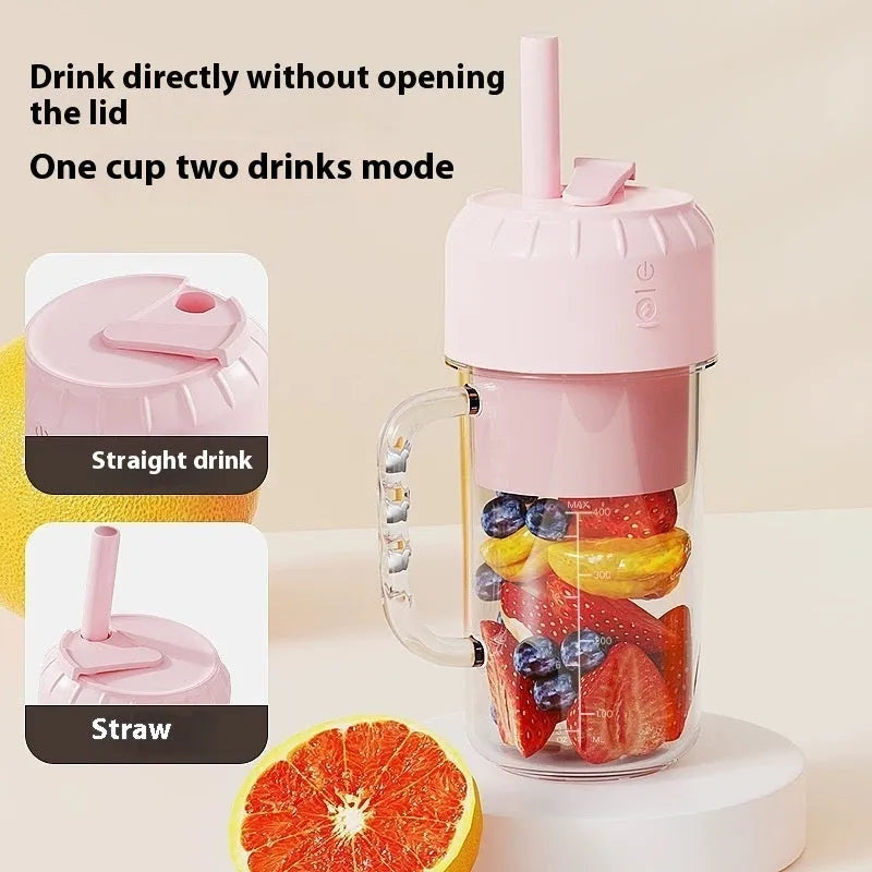 Portable USB juicer in avocado green or cherry blossom pink with a 150W motor.