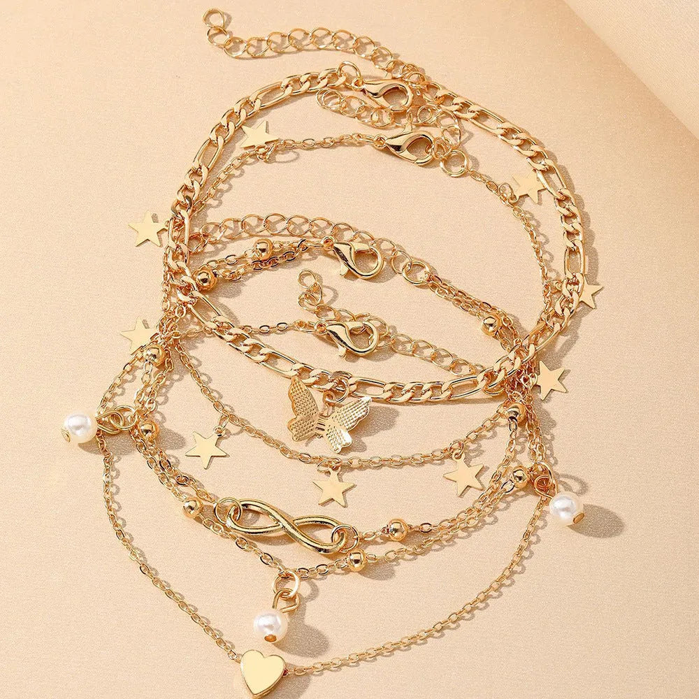 Butterfly love anklet set of 4 pieces with pearl and heart charms on alloy chains