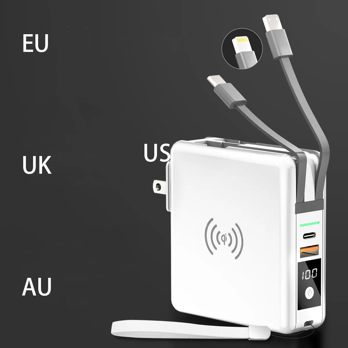 PD20W fast power bank with wireless charging and built-in plug in black or white colours