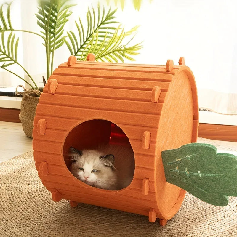 Carrot-shaped semi-enclosed felt cat tunnel bed on a floor