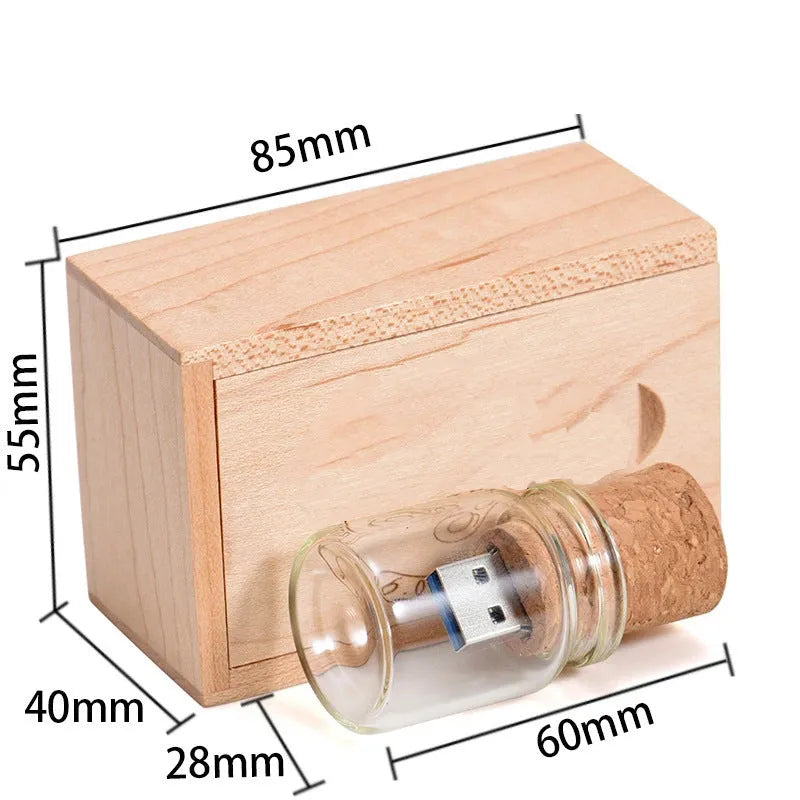 Personalised wooden drift bottle shaped USB flash drive with chocolate brown finish