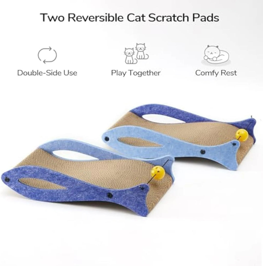 Blue fish-shaped cat scratcher with cardboard lounge area and hanging ball toys