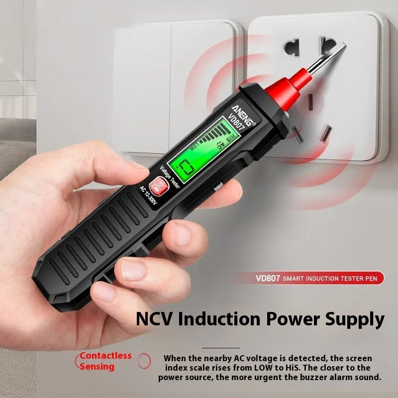 Black digital voltage measuring pen with LCD display showing voltage reading
