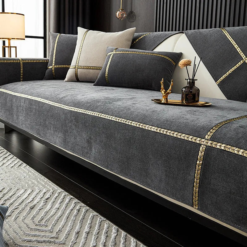 Chenille non-slip sofa cushion cover in solid colour cross wheat-beige on a modern sofa