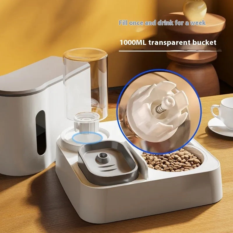 Grey automatic cat feeder and water dispenser unit with integrated double bowls