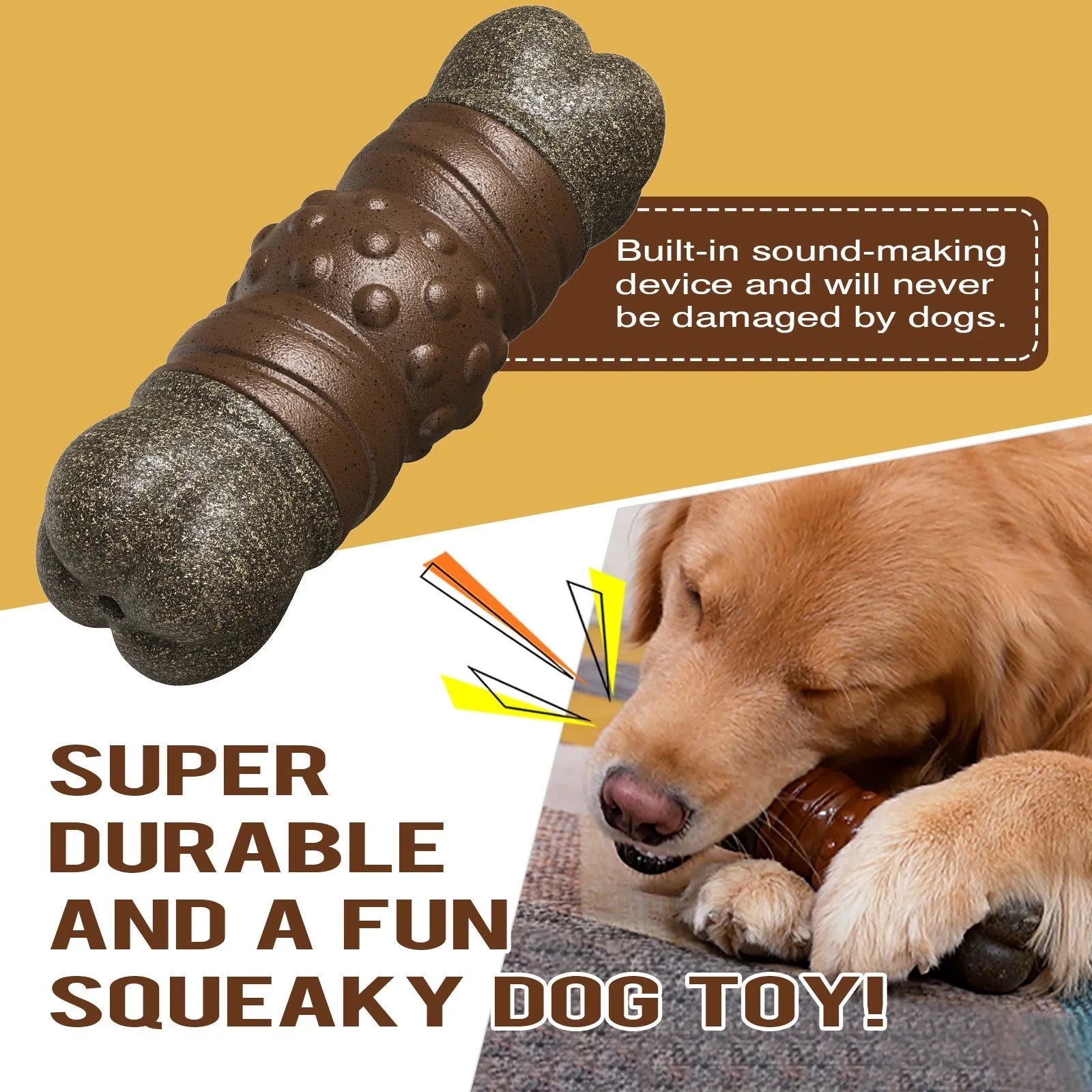 Wood colour plastic dog dental chew toy with molar rod design for teeth cleaning