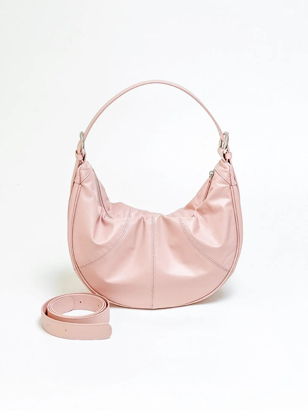 Women's soft cowhide leather shoulder bag in dumpling shape with sandwich pockets and double straps