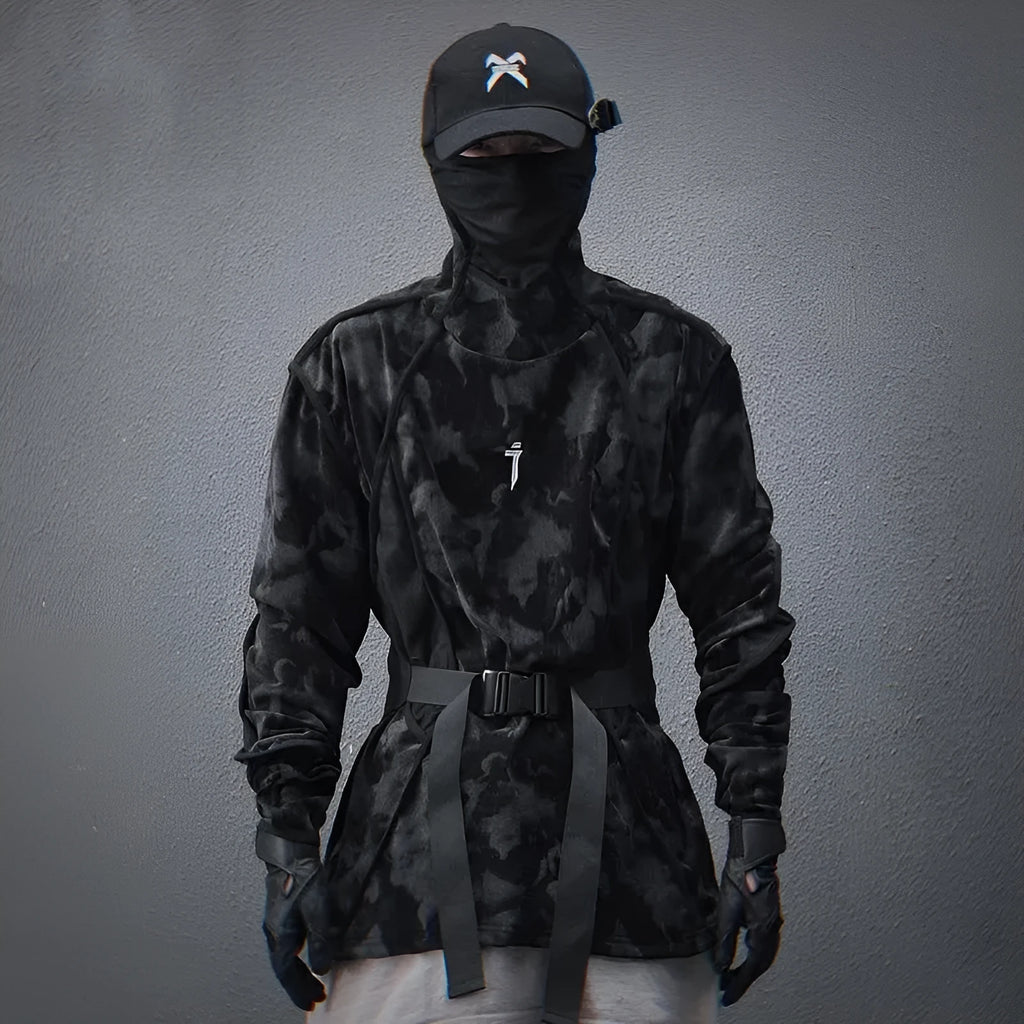 Men's black tie dye printed turtleneck sweater with drop shoulder design