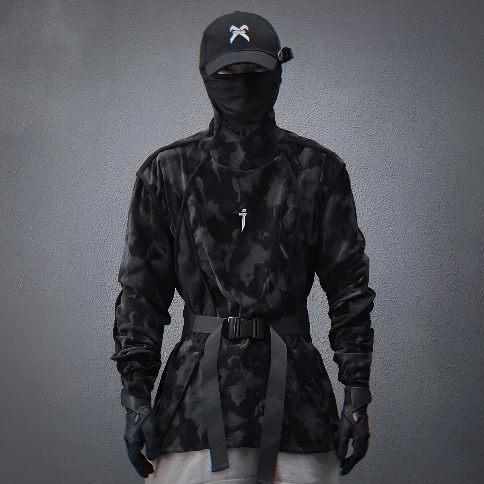 Men's black tie dye printed turtleneck sweater with drop shoulder design