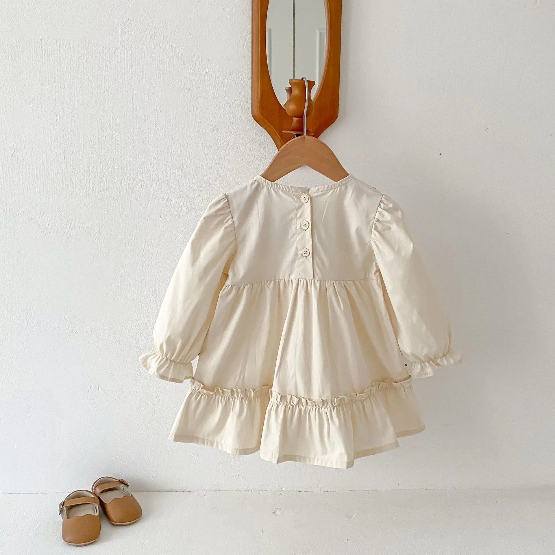 Girls' apricot cotton ruffled flower embroidered long sleeve princess dress for spring autumn parties
