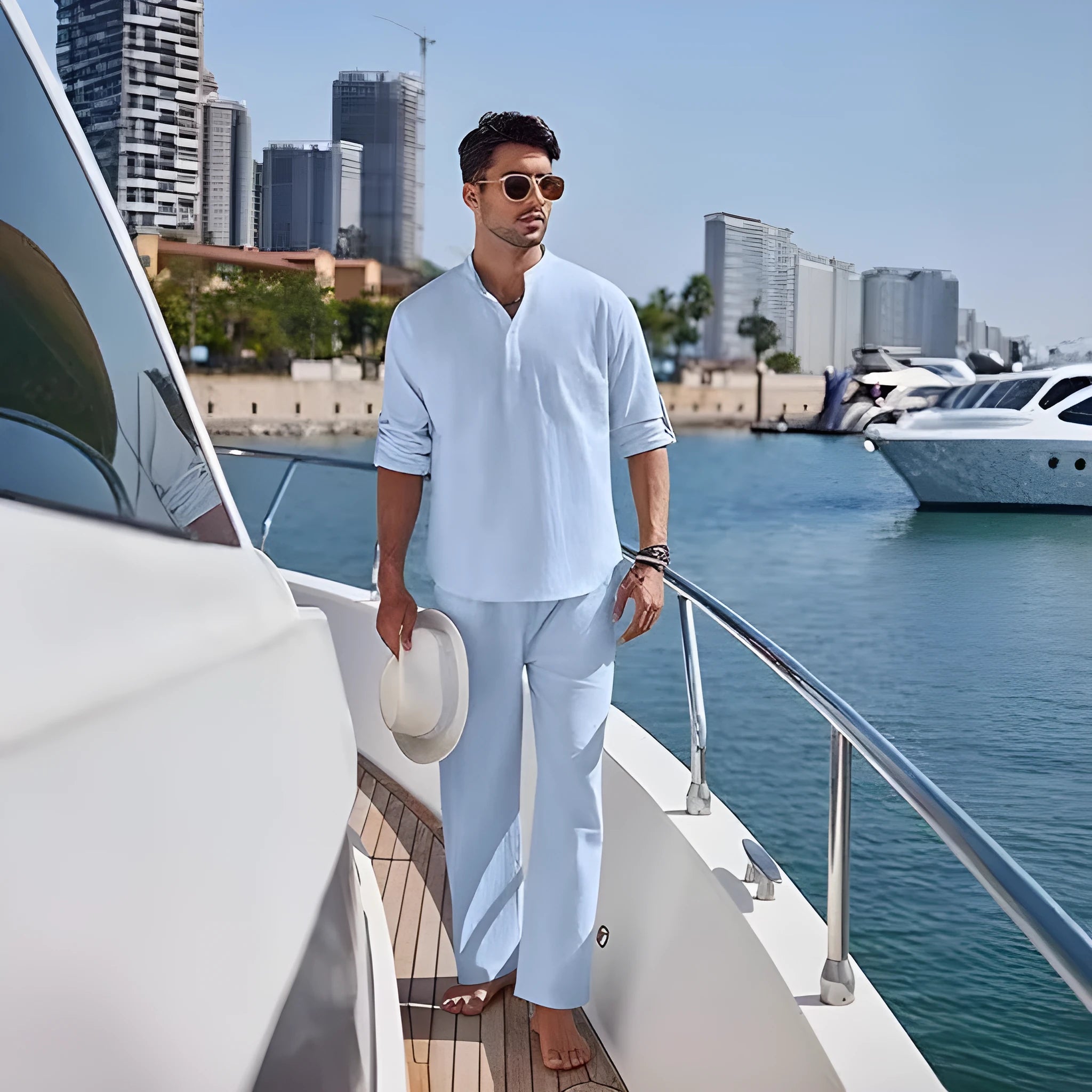 Men's casual cotton two-piece suit with long sleeves and trousers in a solid colour