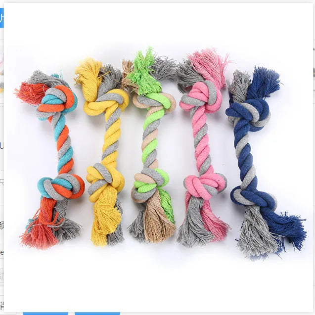 Cotton rope dog toy in medium size with braided texture, available in green, light blue, navy blue, pink, and yellow