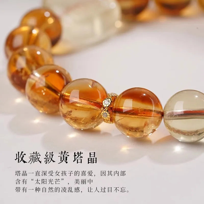 Women's carved citrine bracelet with 10mm geometric crystal beads in ethnic style design