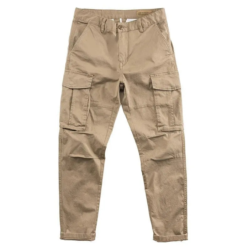Men's solid colour cotton multi-pocket labour protection trousers in a cropped length.