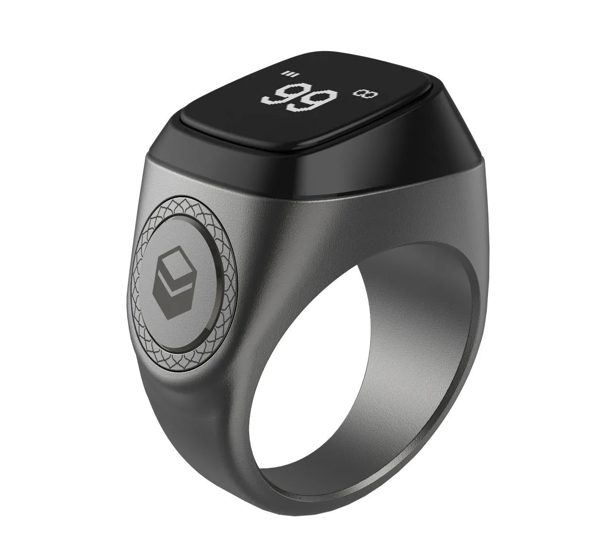 Zikr1 smart Islamic prayer ring in silver on a hand, showing its OLED display and single button.