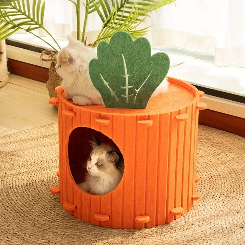 Carrot-shaped semi-enclosed felt cat tunnel bed on a floor