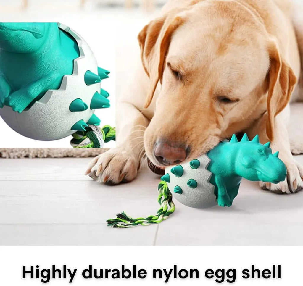 Blue dinosaur-shaped dog chew toy with textured nubs and a green rope tail for fetch or tug.