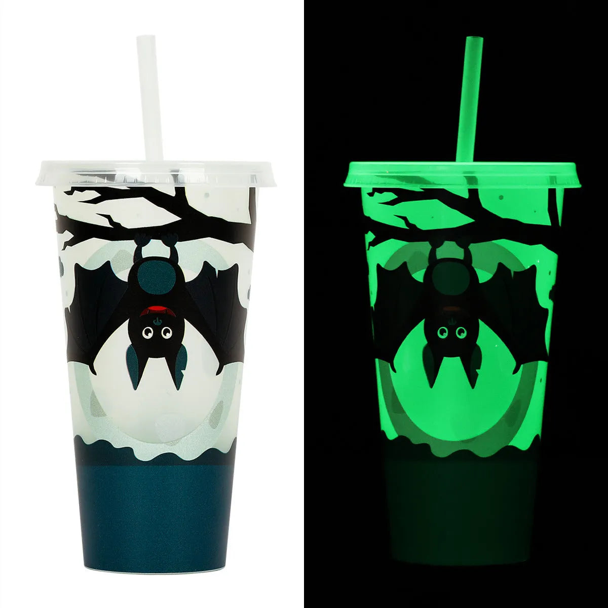 720ml Halloween luminous straw cup with cylindrical plastic design and built-in drinking straw