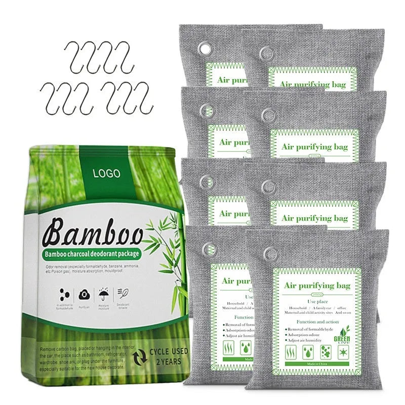 Bamboo charcoal air purifying bag in a sewing style fabric pouch for formaldehyde and odour removal.