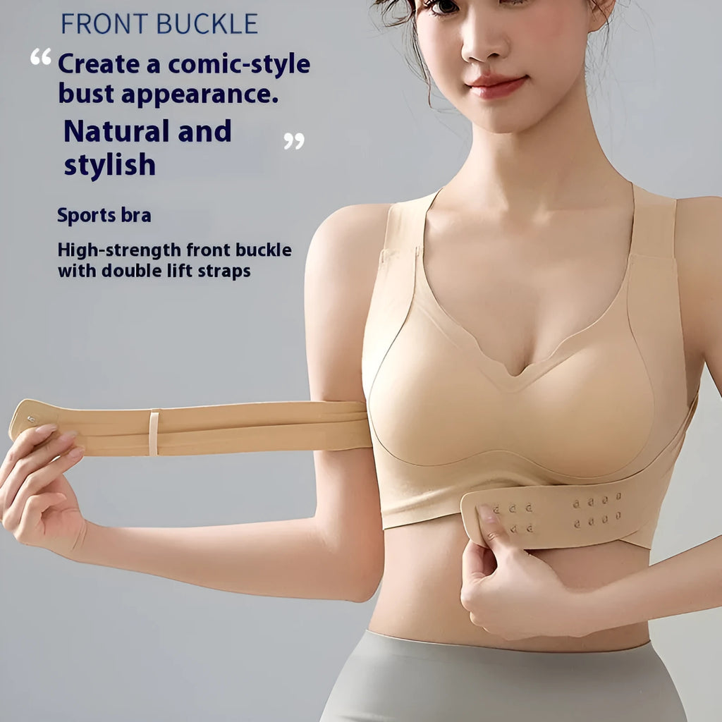 Women's front fastening sports bra in black, showing double shoulder straps and 3/4 cup design.