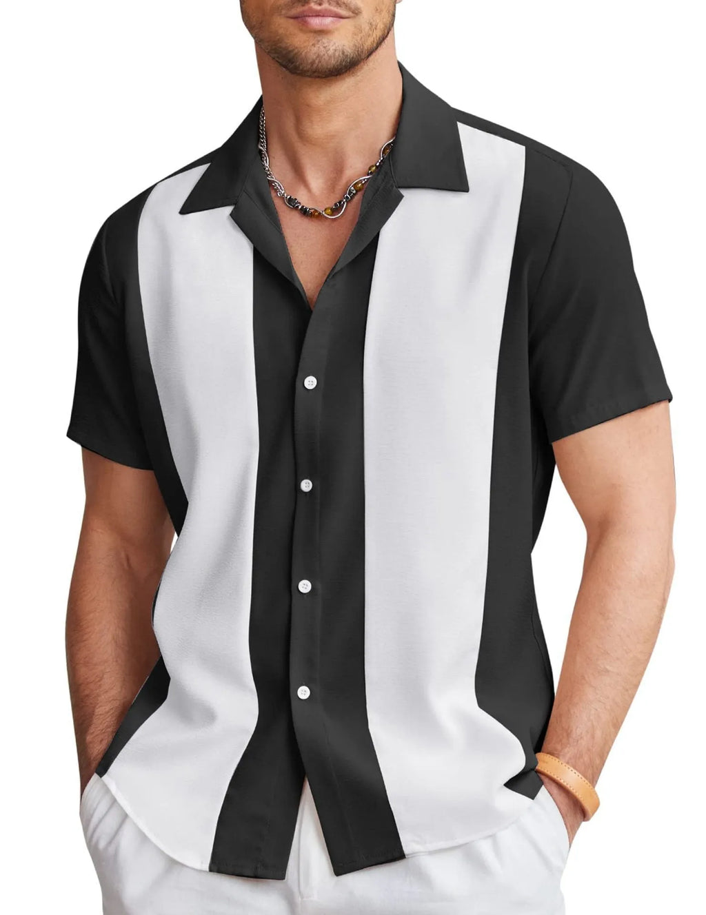 Men's slim fit Hawaiian shirt with digital printed pattern on four-way elastic polyester fabric