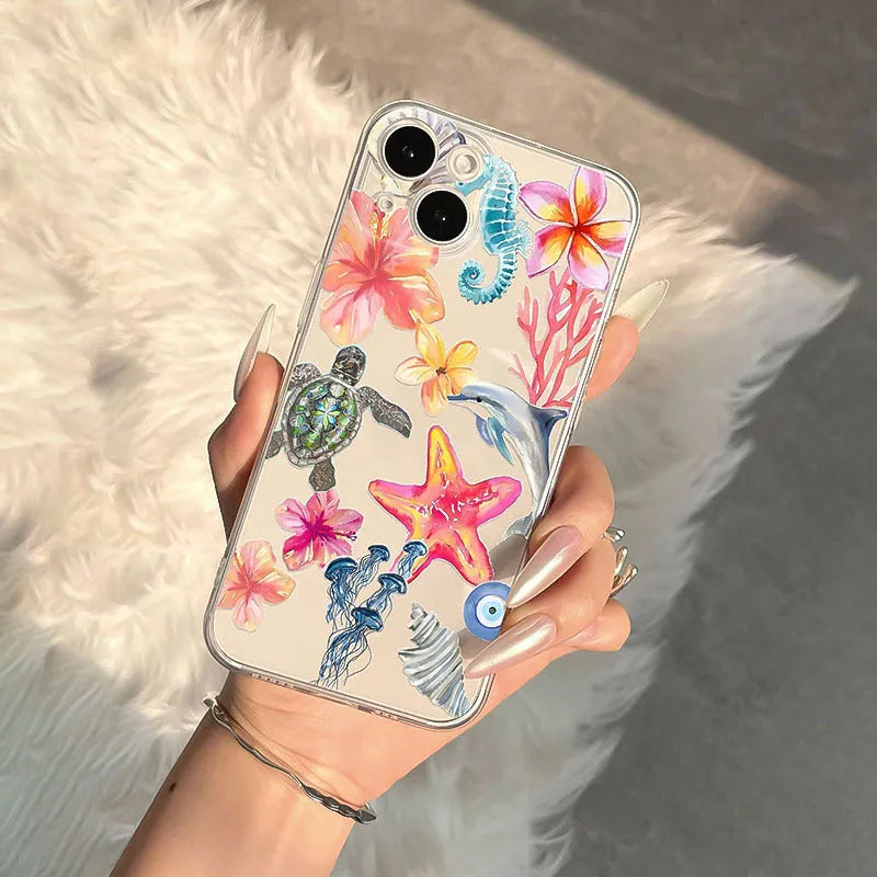 Transparent TPU phone case with hand-painted dolphin and turtle design for Apple iPhone