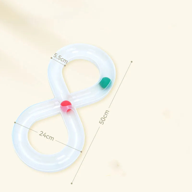 Rotating cat track toy with rolling balls and teasing stick on blue background