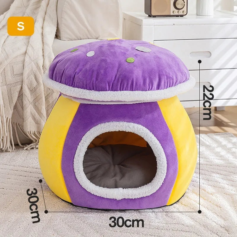 Grey mushroom-shaped plush cat bed with a detachable rabbit blanket for winter warmth.