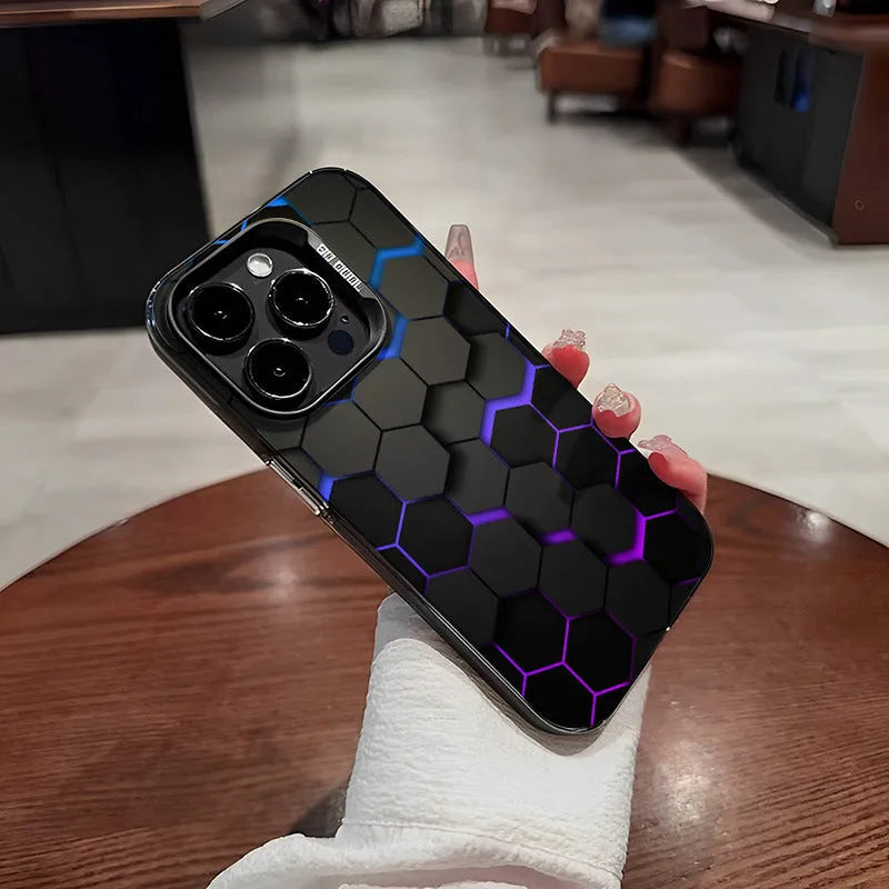 Frosted protective phone case for Apple iPhone with honeycomb pattern in Moonlight Black colour.