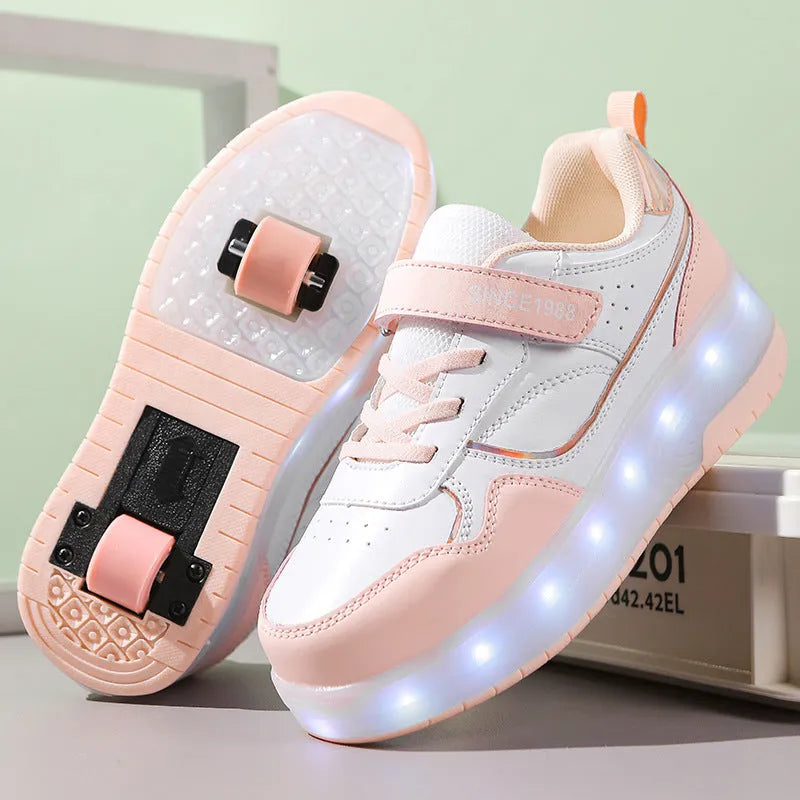 Children's charging flash roller skates with illuminated LED wheels in pink, available in two and four-wheel designs.