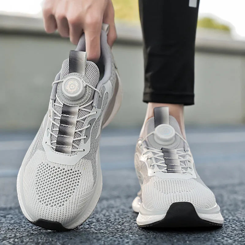 Rotating button buckle running shoes in solid colour with fly-knit mesh upper and TPU sole