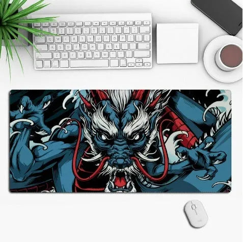 Anime-themed gaming mouse pad on a desk with non-slip rubber cloth base.