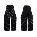 Men's trousers with metal striped rivet pleated design showing three-dimensional cutting detail