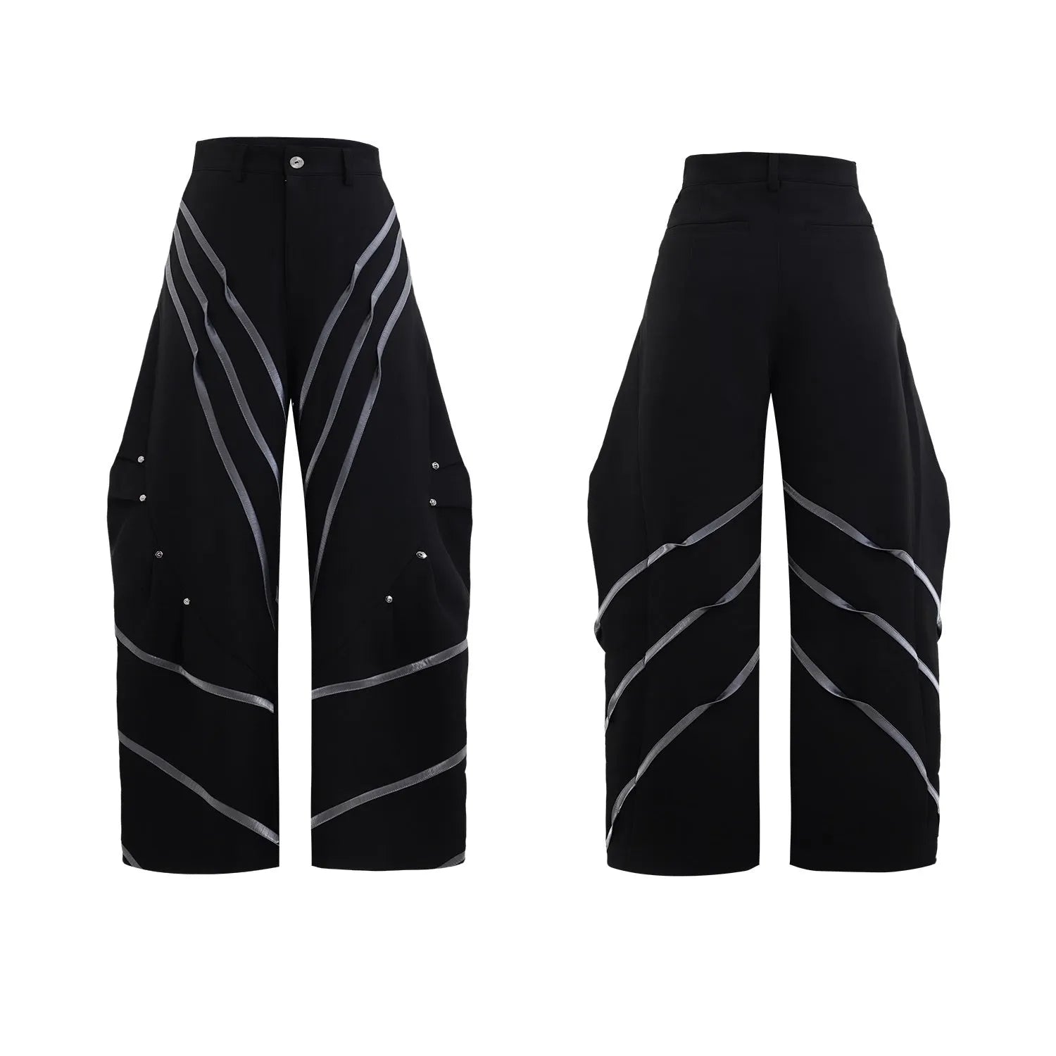 Men's trousers with metal striped rivet pleated design showing three-dimensional cutting detail