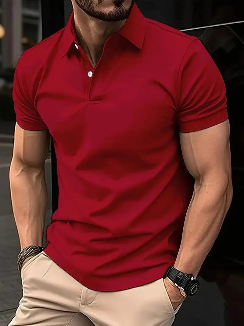 Men's slim-fit cotton-blend short-sleeve button-up shirt in solid colours on a size chart background.