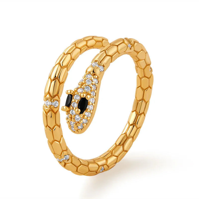 Adjustable snake-shaped copper index finger ring with 18K gold colour and diamond treatment