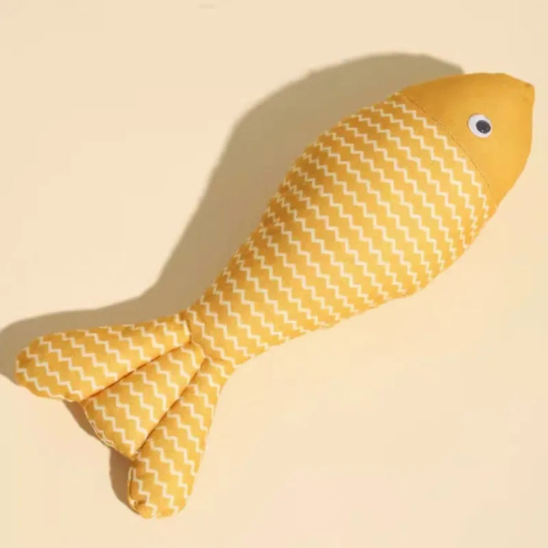 Catnip-filled fabric fish cat toy in blue, red, and yellow colour options