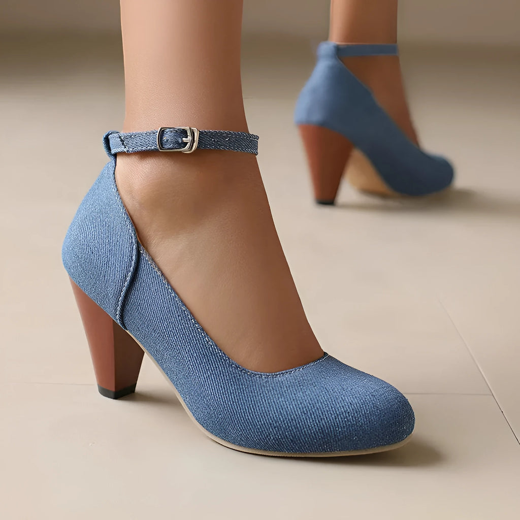 Women's blue denim platform heels with buckle closure and thick 6-8cm heel