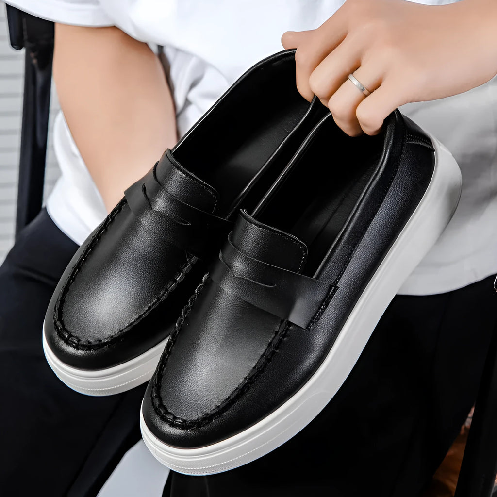 British style casual leather shoes in artificial PU material with round toe, shown in white colour
