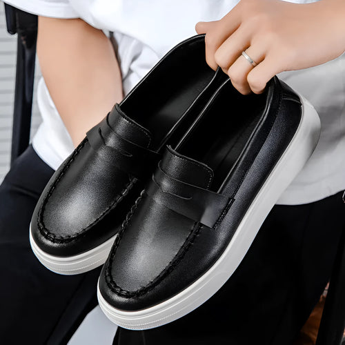 British style casual leather shoes in artificial PU material with round toe, shown in white colour