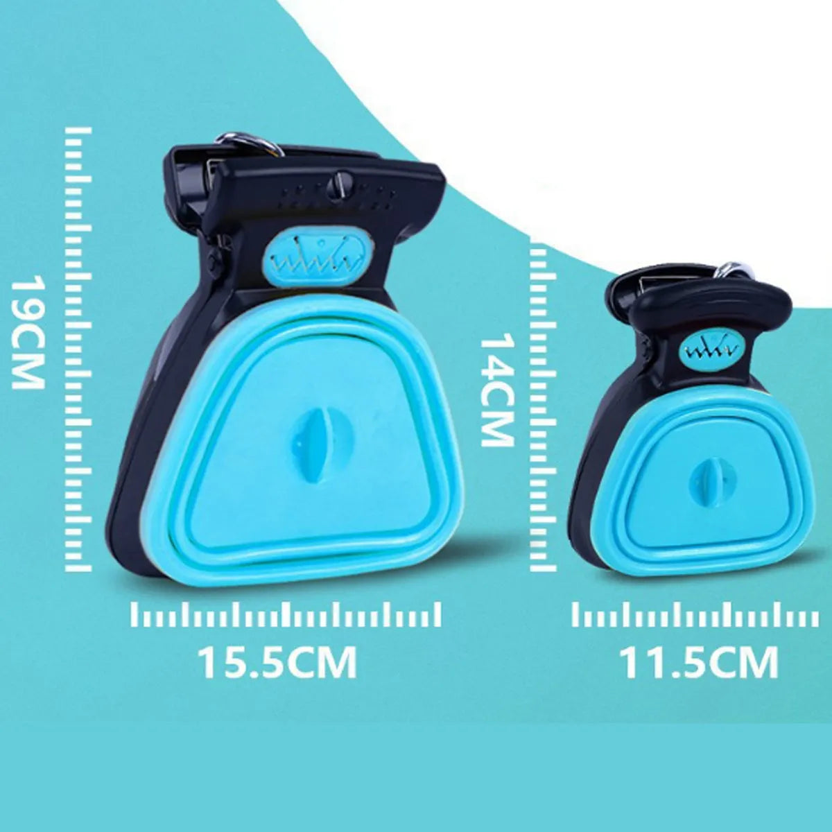 Portable handheld dog poop scooper with expandable container and bag dispenser in blue, green, grey, or yellow.
