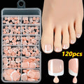 120-piece box of full square short French white tip nude press-on toenails in assorted shades