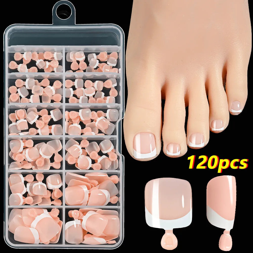 120-piece box of full square short French white tip nude press-on toenails in assorted shades